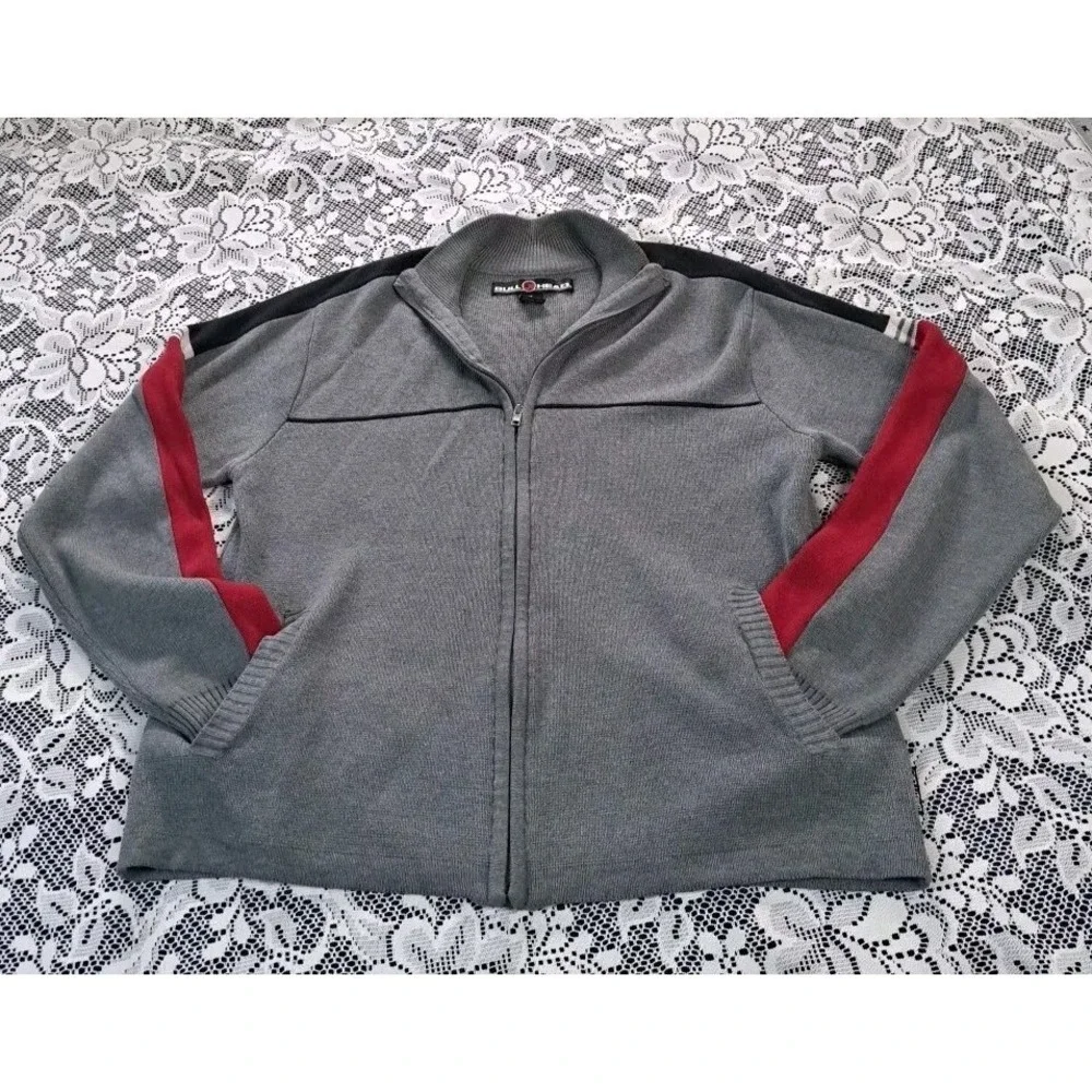 Bullhead Brand Men's Cardigan Size M Full Zip Gray Red Black Logo Pockets Preppy